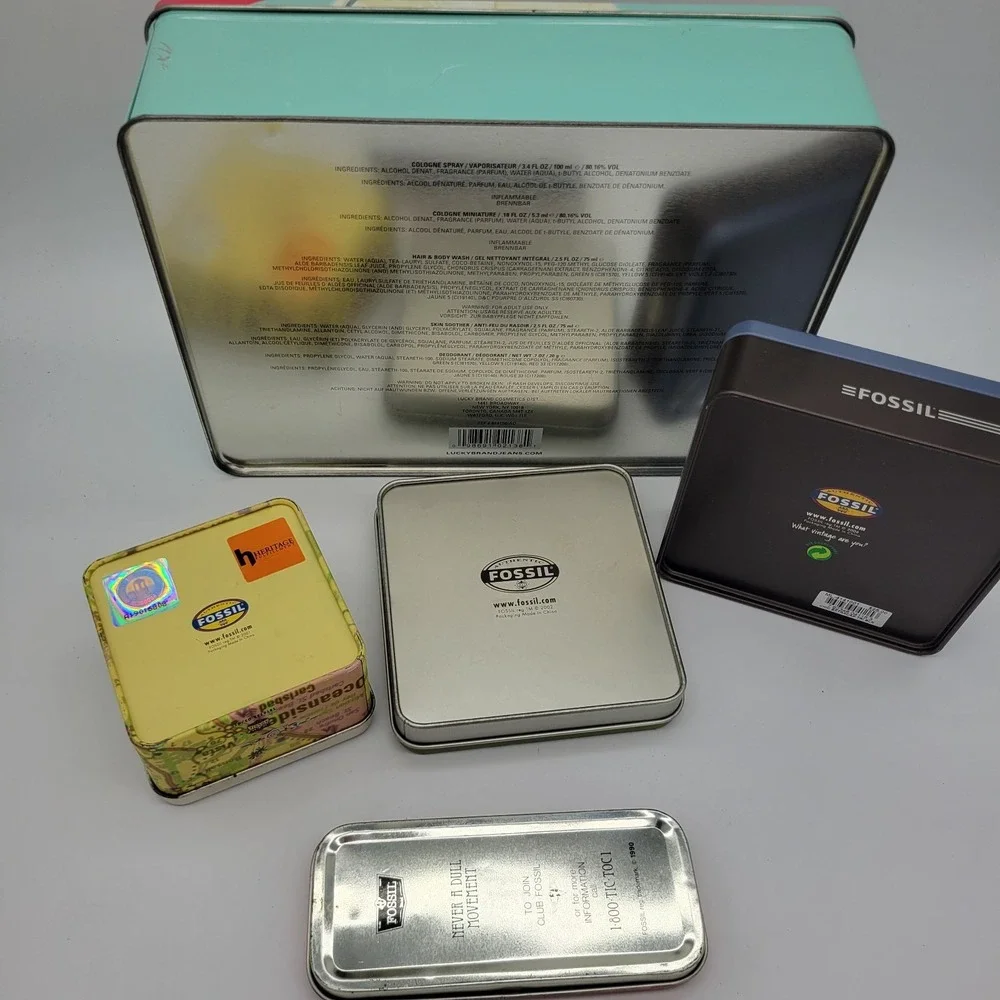 Lot of 4 Fossil Watch Collector Tins + Lucky Brand Football Tin Empty Set